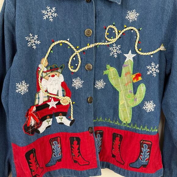 Tantrums Women Mixed Media Denim Jacket Sz XXL Western Santa Rodeo Boots Cactus - Picture 2 of 6